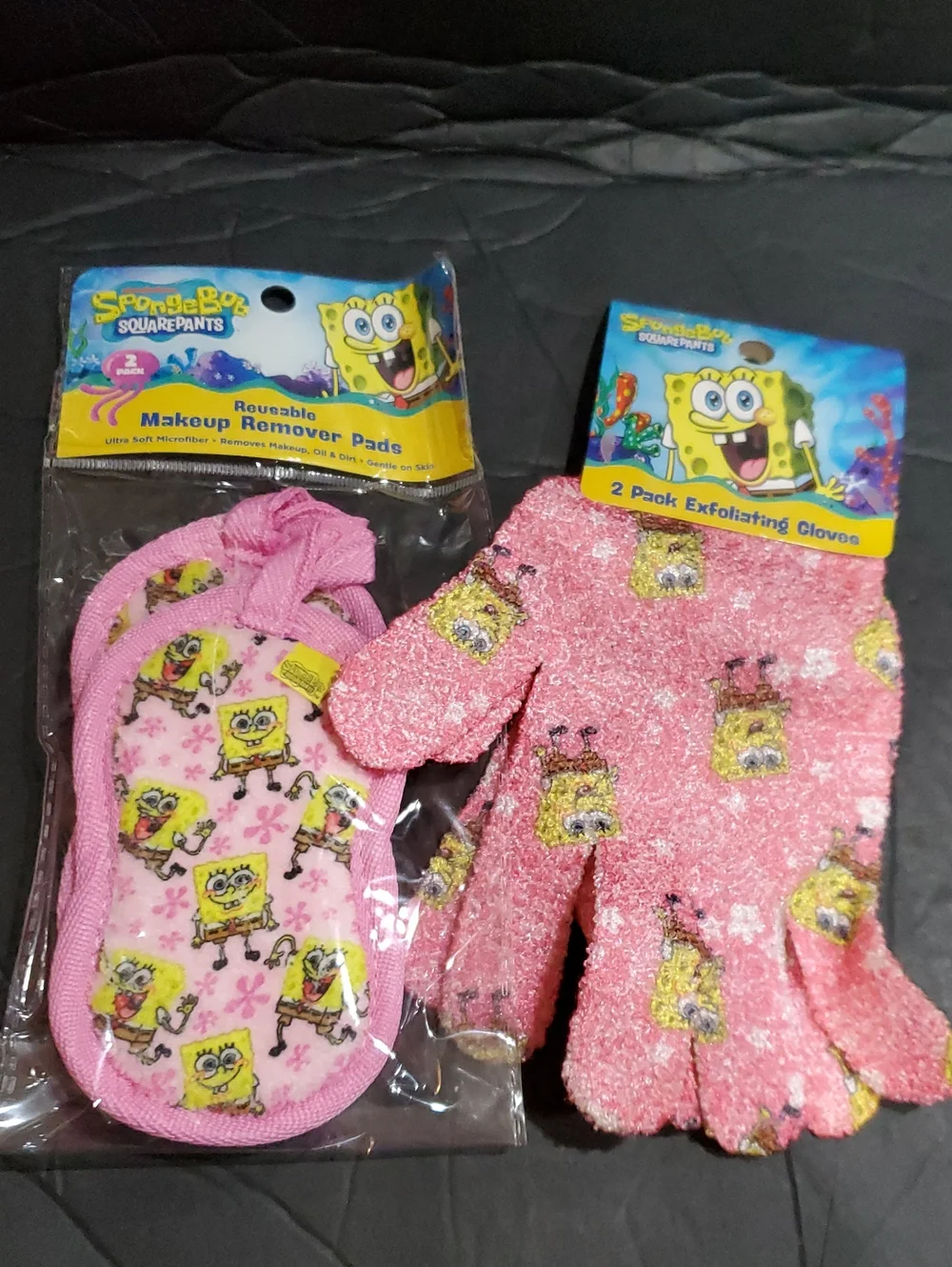 Nickelodeon's Spongebob squarepants exfoliating gloves and reusable makeup pads